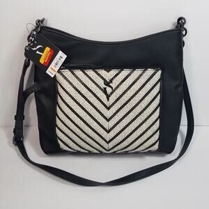 Simply Vera Wang Crossbody Purse Black White Stripes w/ Chain Accent Strap